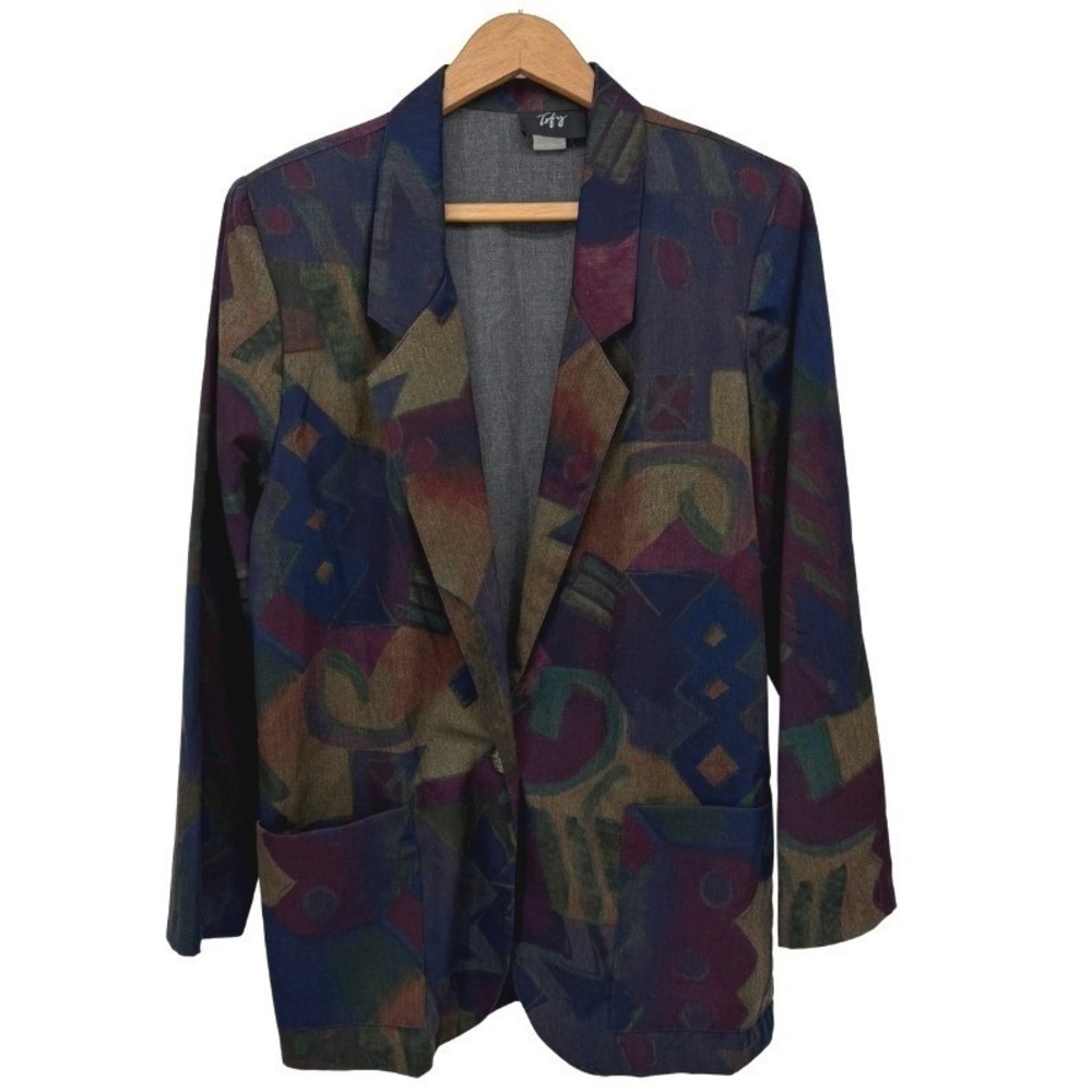 Tofy‎ Blazer Multicolor Abstract Retro Geometric Print VTG Indie  Jacket Size 12